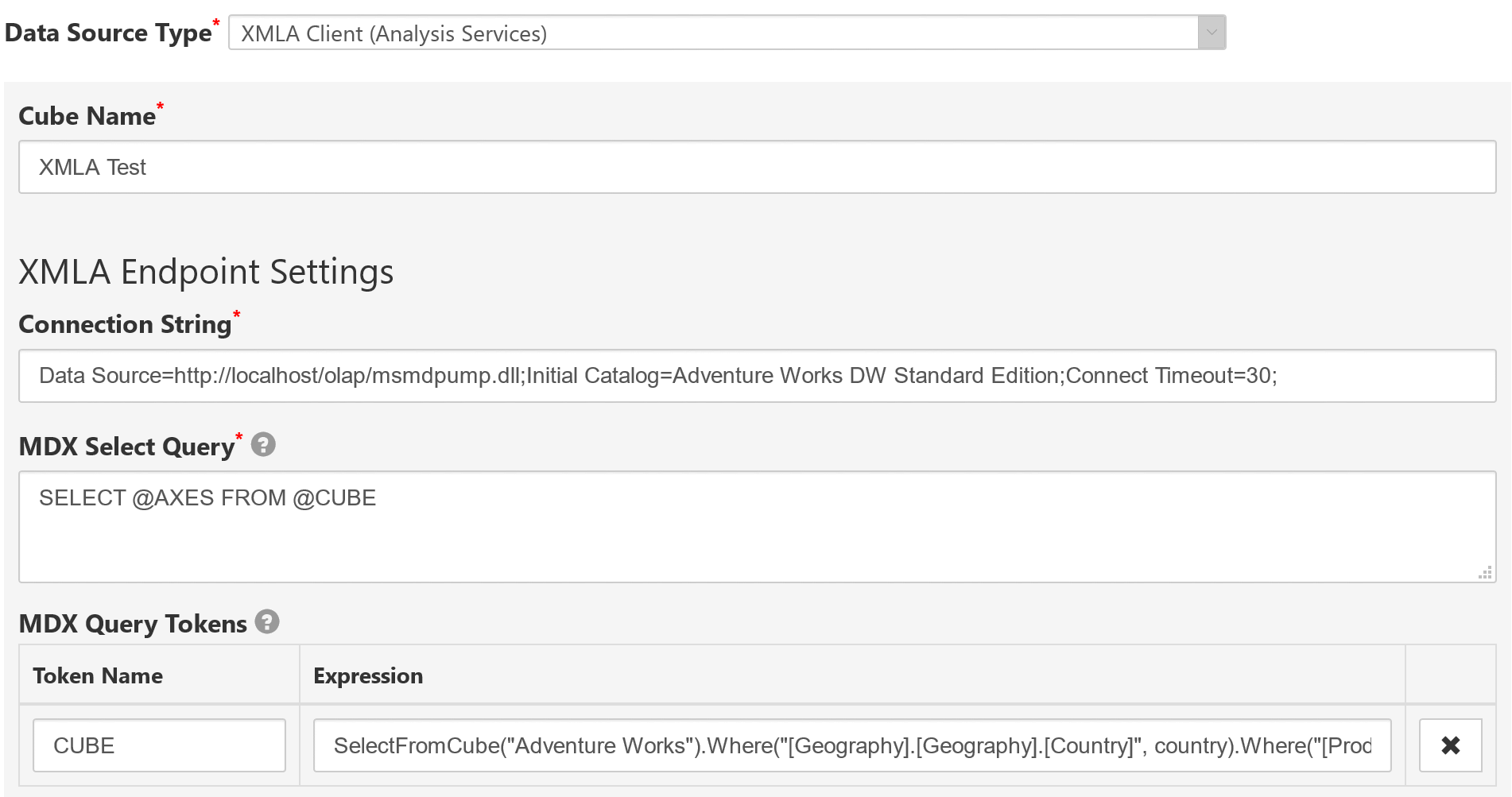 XMLA OLAP connection settings