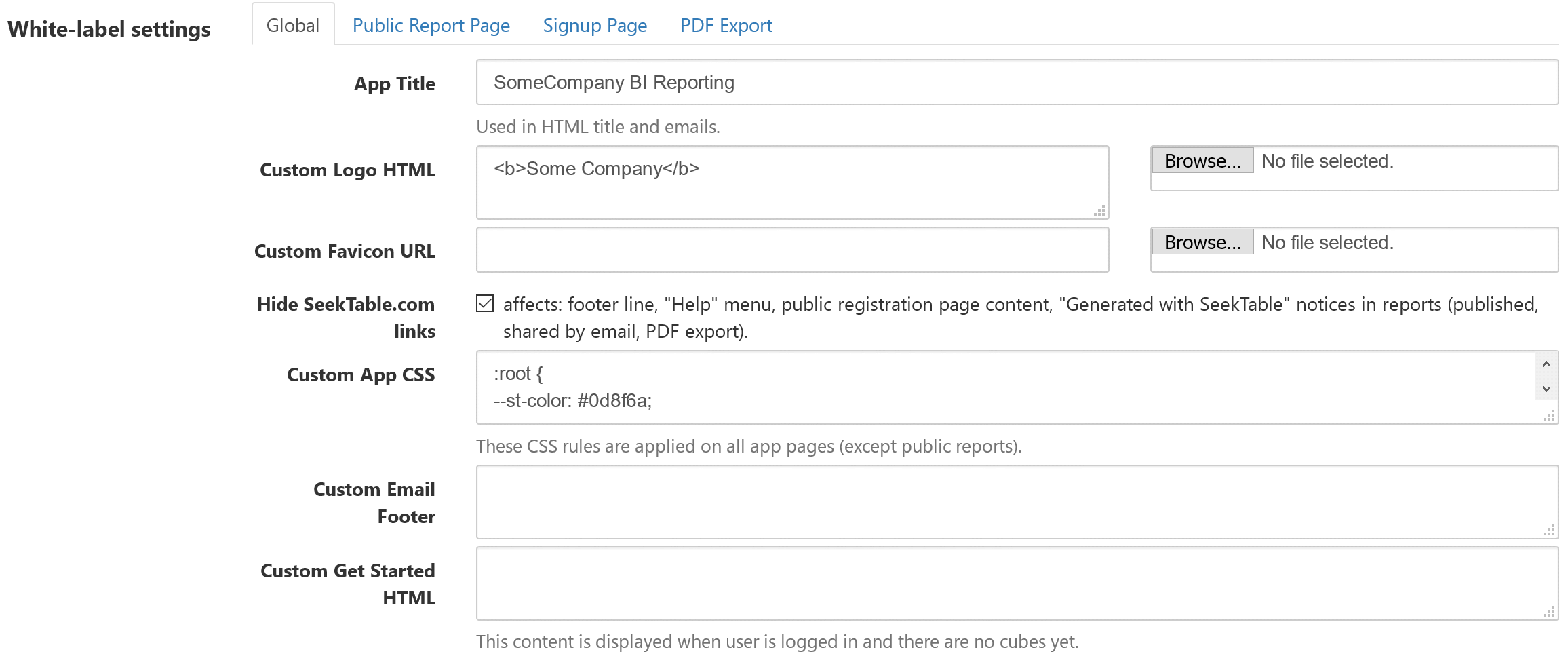 SeekTable white-label mode settings